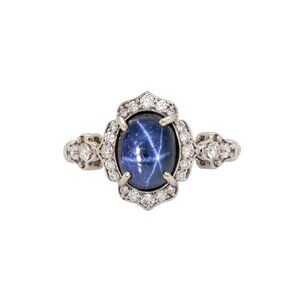 3.55cts Ceylon Star Sapphire Ring in Solid 14K White Gold with Diamond Accents